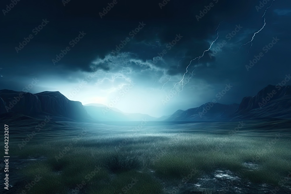 Poster vast field with a striking lightning bolt in the sky generative ai