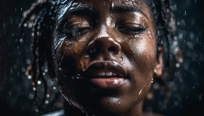 African American woman enjoys raindrop freshness, smiling at camera outdoors generated by AI