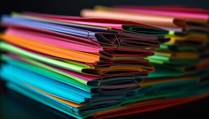 Large stack of multi colored paperwork in chaotic office environment generated by AI
