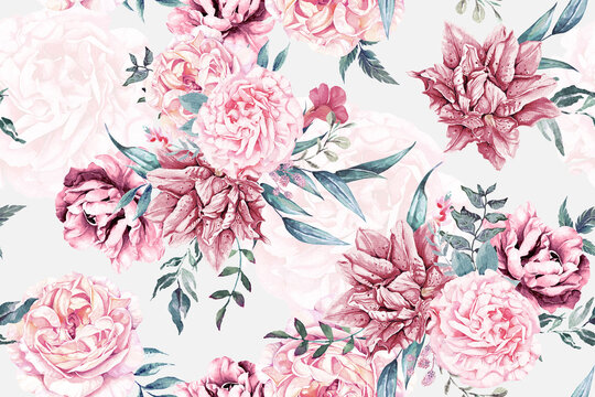 Seamless pattern of rose, lily and blooming flowers painted in watercolor on white background.Designed for fabric luxurious and wallpaper, vintage style.Hand drawn botanical floral pattern.