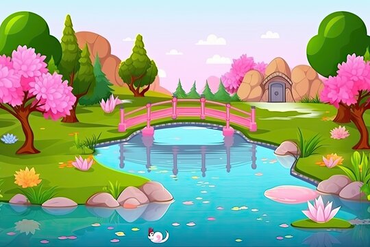 scenic pond with a bridge in a cartoon style Generative AI