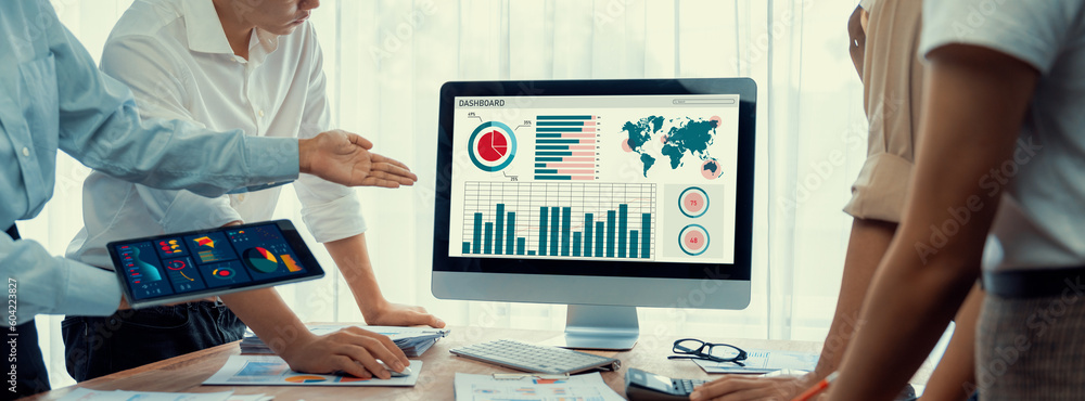 Poster panorama shot analyst team utilizing bi fintech to analyze financial report with laptop. businesspeo