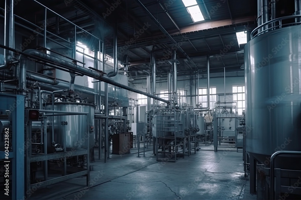 Aufkleber an industrial facility with multiple tanks and pipelines generative ai
