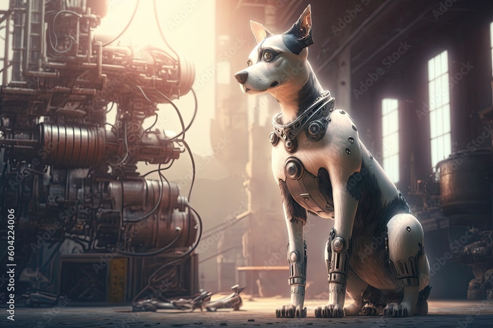 Poster canine worker sitting attentively in front of a manufacturing machine generative ai