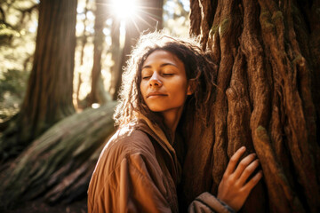 Young mixed race woman hugging tree forest bathing. Generative AI.