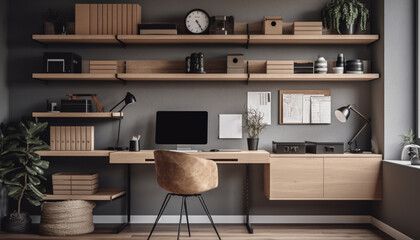 Modern home office with creative decor and comfortable armchair generated by AI