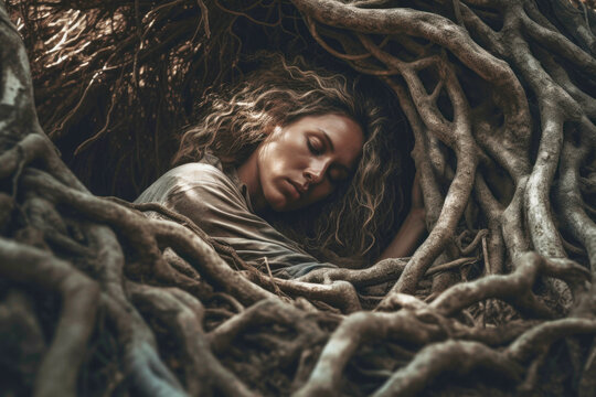 Woman sleeping and grounded in tree roots in forest in nature. Generative AI.
