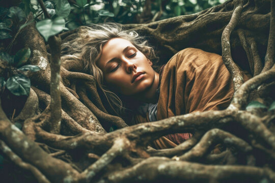 Woman sleeping entwined in tree roots in forest in nature. Generative AI.