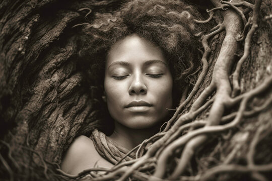Black woman sleeping entwined in tree roots in forest in nature. Generative AI.