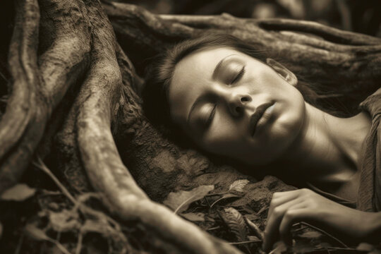 Woman sleeping entwined in tree roots in forest in nature. Generative AI.