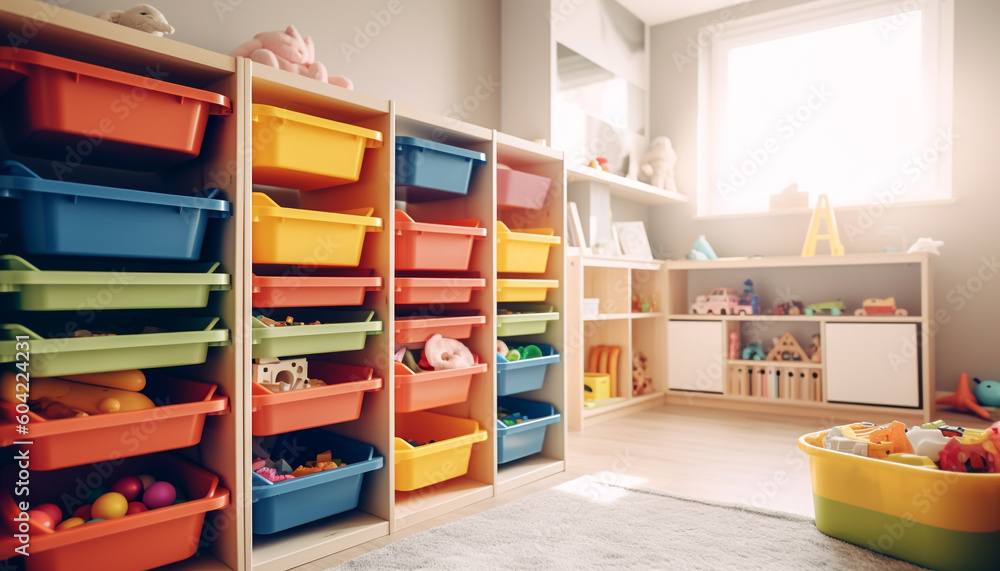 Poster a multi colored toy collection in a wooden crate on a shelf generated by ai