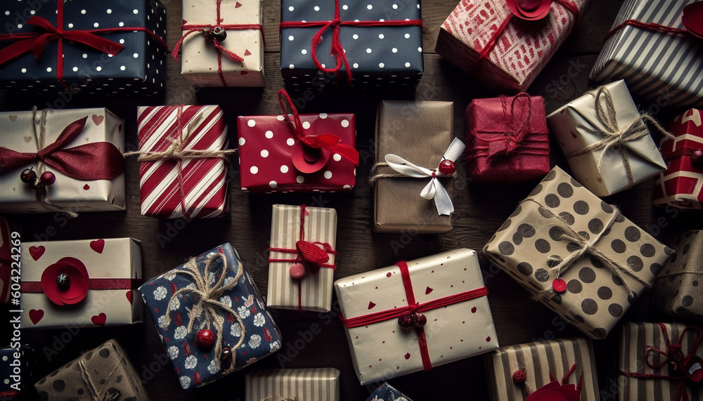 Poster a large heap of gift boxes wrapped in shiny paper generated by ai