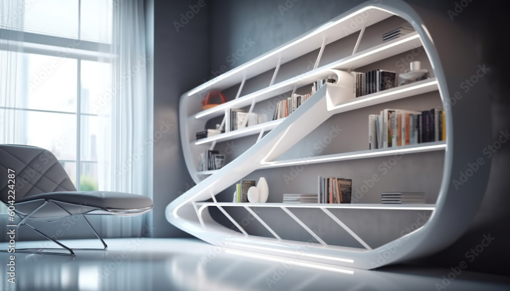 Poster modern bookshelf design in empty library with bright blue flooring generated by ai