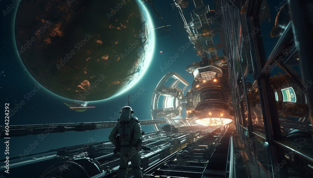 Poster futuristic spaceship orbits planet in glowing galaxy, transporting cosmonauts generated by ai