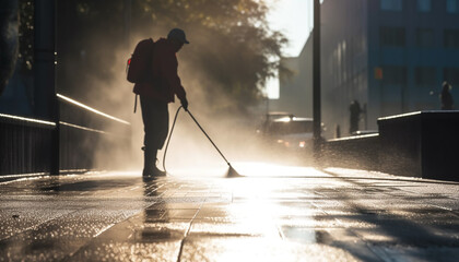 One man walking in the rain, spraying ice with equipment generated by AI