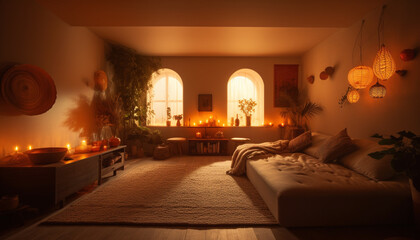 A cozy, elegant bedroom illuminated by candlelight for ultimate relaxation generated by AI