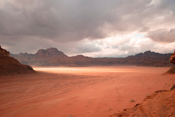sunset in the desert.Panoramic view of the desert mountains with the sky.Jordan Travel.Wadi Rum.
