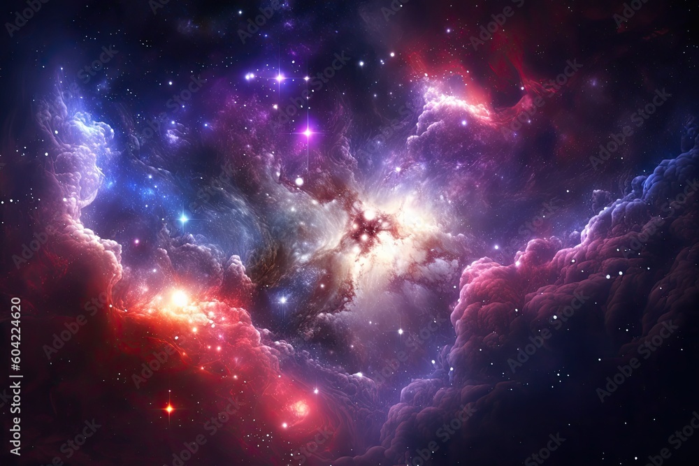 Poster dreamy and colorful space filled with stars and clouds generative ai
