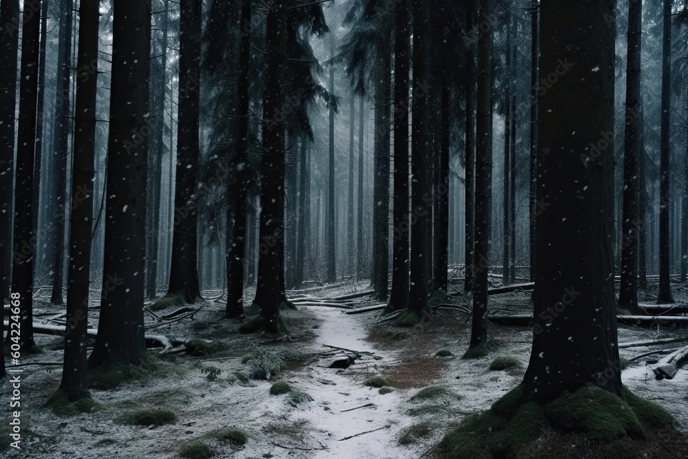 Poster snow-covered forest path with trees on both sides generative ai