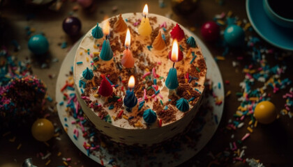 Bright candlelight illuminates traditional birthday cake, bringing joy and happiness generated by AI