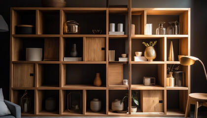 Modern bookshelf design with elegant wood material and pottery decor generated by AI