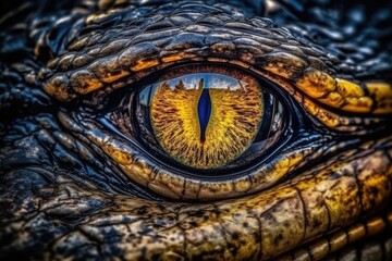 an alligators eye in close-up Generative AI - obrazy, fototapety, plakaty