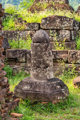 MY SON SANCTUARY IS A LARGE COMPLEX OF RELIGIOUS RELICS COMPRISES CHAM ARCHITECTURAL WORKS. A UNESCO WORLD HERITAGE SITE IN QUANG NAM, VIETNAM. LOCATED ABOUT 30 KM WEST OF HOI AN ANCIENT TOWN.