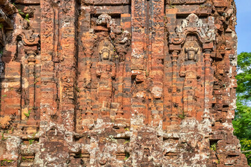 MY SON SANCTUARY IS A LARGE COMPLEX OF RELIGIOUS RELICS COMPRISES CHAM ARCHITECTURAL WORKS. A UNESCO WORLD HERITAGE SITE IN QUANG NAM, VIETNAM. LOCATED ABOUT 30 KM WEST OF HOI AN ANCIENT TOWN.