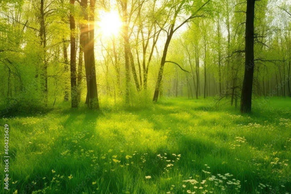 Poster sunlight filtering through green trees in a forest generative ai