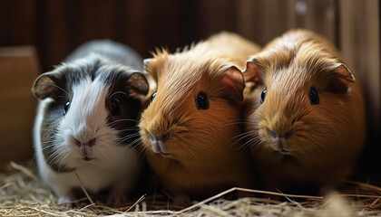 Obraz premium Three fluffy guinea pigs sitting in a row, looking cute generated by AI