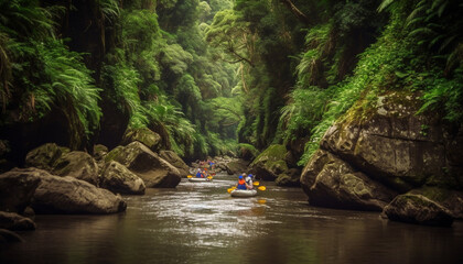 Two men paddle a canoe through flowing water in nature generated by AI