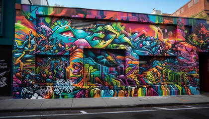 Naklejka premium Vibrant colored mural showcases modern street art in Beijing cityscape generated by AI
