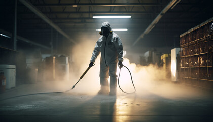 One skilled welder in protective workwear spraying burning metal generated by AI