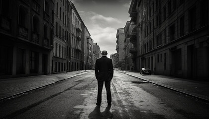 A lone businessman stands in the city, surrounded by architecture generated by AI