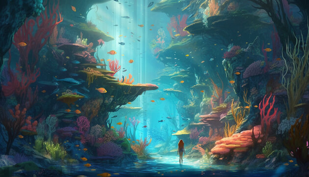 Colorful underwater landscape with fish, coral, and aquatic animals generated by AI