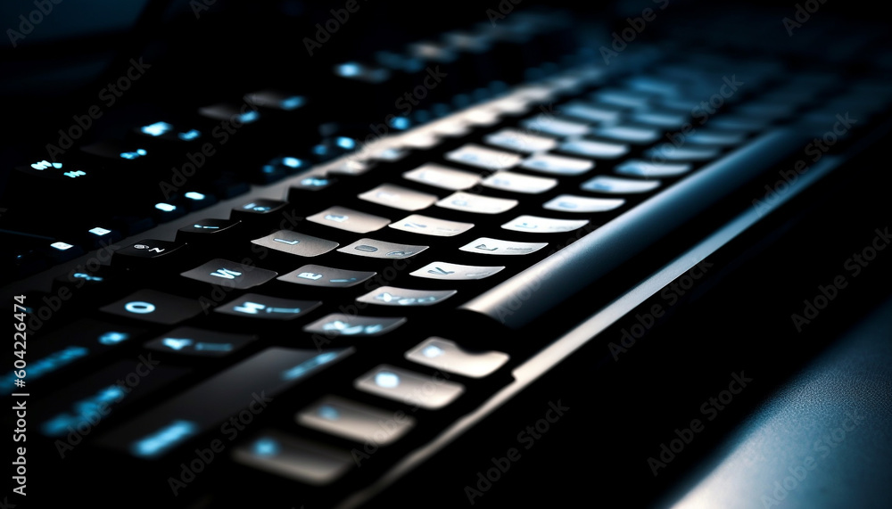 Poster metallic keyboard illuminates dark office in futuristic digitally generated image generated by ai