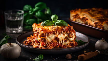 Freshly baked homemade lasagna with beef, tomato, and mozzarella cheese generated by AI - obrazy, fototapety, plakaty