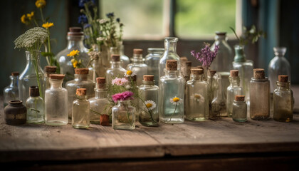Obraz na płótnie Canvas Aromatherapy tincture in rustic glass jar, nature healing collection generated by AI