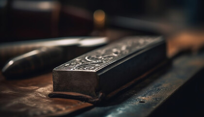 Antique leather bound Bible on old wooden table, rich in history generated by AI