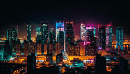 Obraz premium City skyline glows with multi colored lights, a futuristic metropolis generated by AI