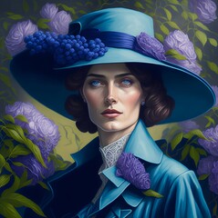 Illustration portrait of a woman lady with hat decorated with flowers