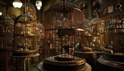 Fototapeta na wymiar Rustic birdcage decoration hangs in antique store, illuminated by lantern generated by AI