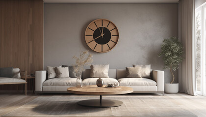 Modern apartment with elegant design, comfortable sofa, and illuminated clock generated by AI
