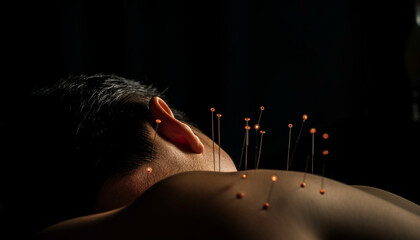 Relaxing acupuncture therapy eases pain in young adult back generated by AI - obrazy, fototapety, plakaty