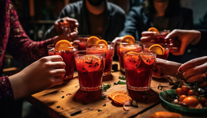 Friends toast to happiness and togetherness at winter party celebration generated by AI