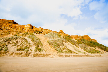 Fototapeta na wymiar Orange coloured sand dunes and beach at Bayleys beach in Northland