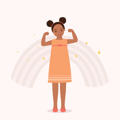 One Smiling Little Black Girl Standing And Flexing Both Of Her Biceps Muscles. Full Length. Flat Design Style, Character, Cartoon.
