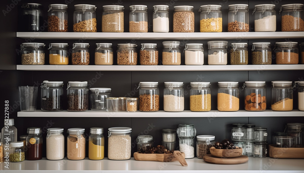 Poster a collection of healthy spices in glass containers on shelf generated by ai