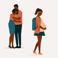 Black Teenage Pregnant Girl Being Rejected By Her Parents. Parent Feeling Sad, Disappointed And Ashamed With Their Teenage Pregnant Daughter. Full Length. Flat Design Style, Character, Cartoon.