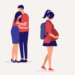 Teenage Pregnant Girl Being Rejected By Her Parents. Parent Feeling Sad, Disappointed And Ashamed With Their Teenage Pregnant Daughter. Full Length. Flat Design Style, Character, Cartoon.